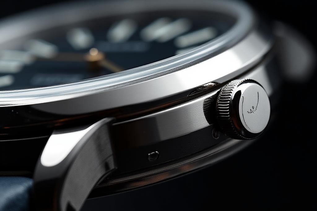 ザラツ研磨された時計ケースの側面、鏡面仕上げの詳細